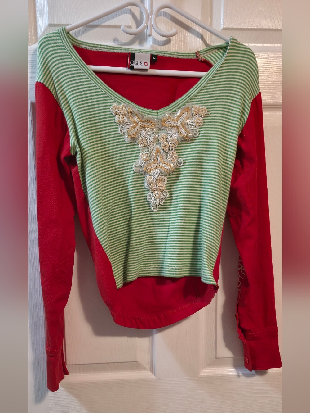 Gsus Vibrant Green Stripe & Red Long Sleeve Embroidered Tee